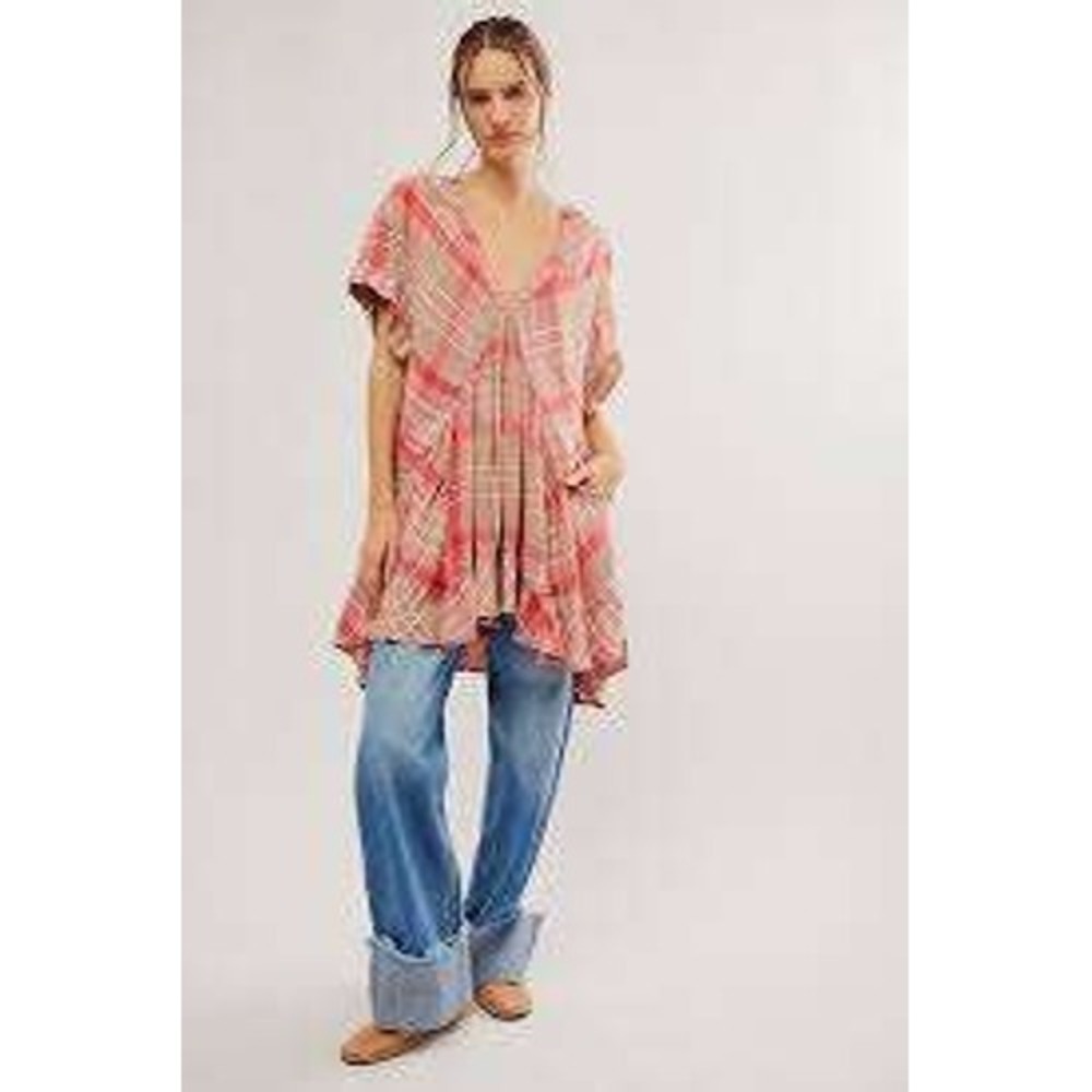 Free People Pink Tan Plaid Babydoll Oversized Mini Dress SMALL Boho Cottage